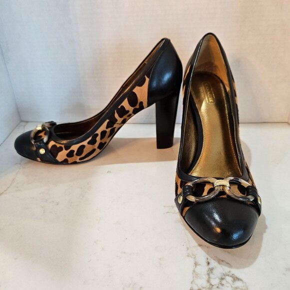 Coach Taffy Cheetah Calf Hair Black Leather Heels Sz 9.5 B Gold Detail Mob Wife - Picture 1 of 12